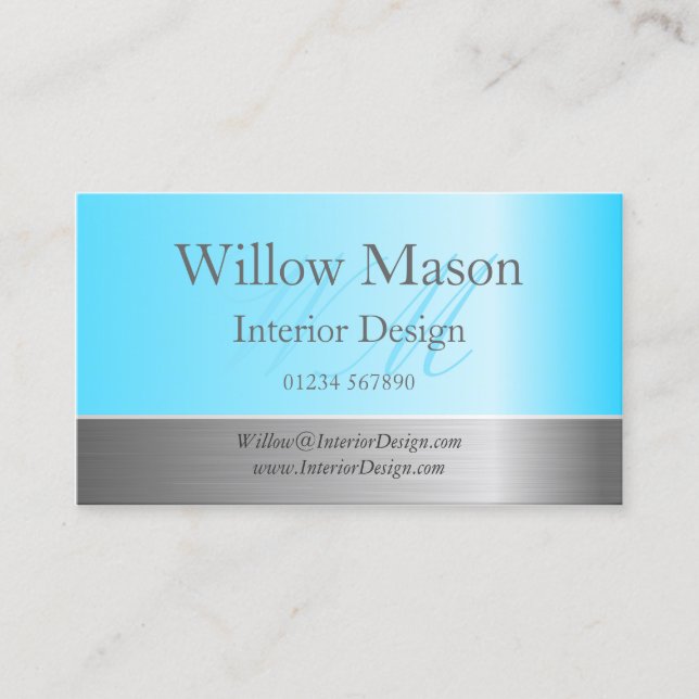 Light Blue & Brushed Steel Monogram Business Card (Front)