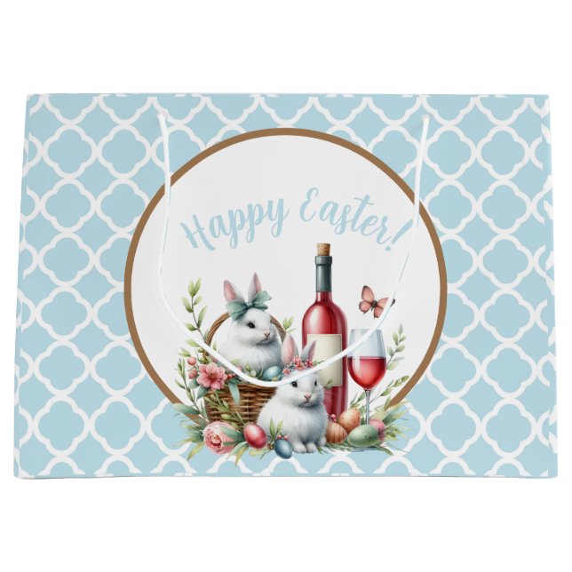 Light blue Bunny & Wine Watercolor  Large Gift Bag (Front)