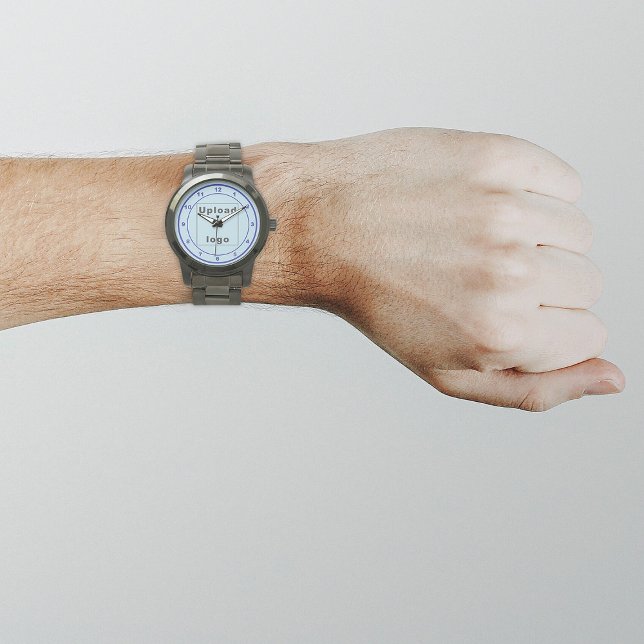 Light Blue Business Brand on Men's Watch (Your business logo with light blue background on men's watch.)