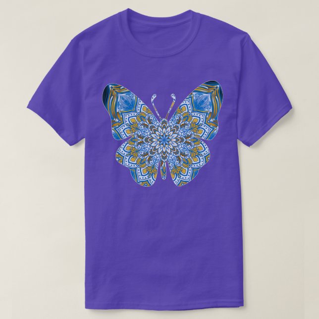 Light Blue Butterfly Lovers and Animal Mandala Flo T-Shirt (Design Front)