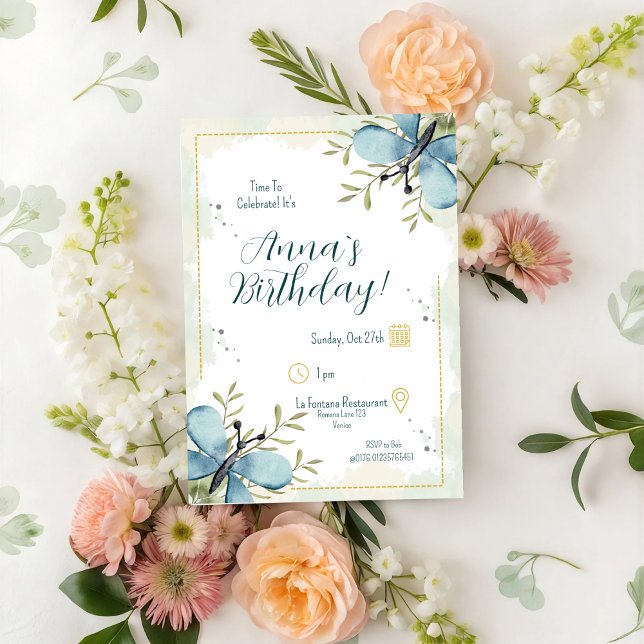 Light Blue Butterfly Watercolour Birthday Invitation (Creator Uploaded)