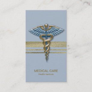 Light Blue Caduceus Faux Gold Foil Stripes Medical Business Card