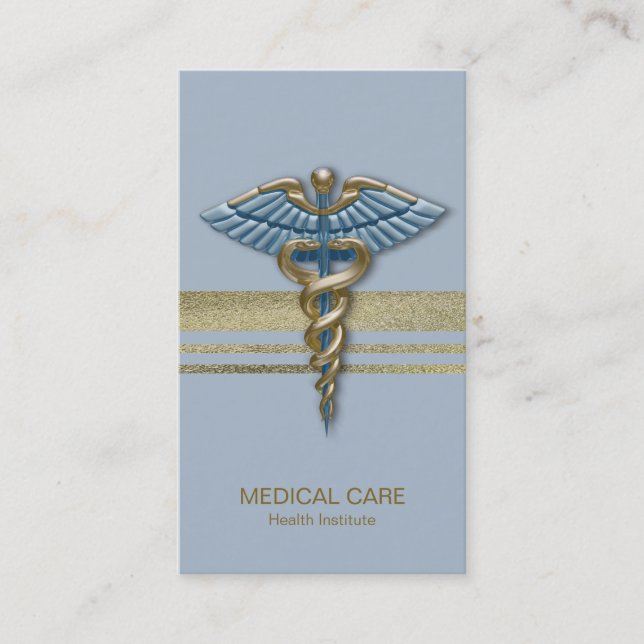 Light Blue Caduceus Faux Gold Foil Stripes Medical Business Card (Front)