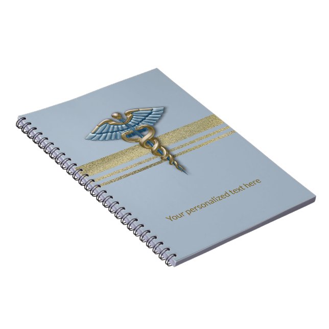 Light Blue Caduceus Faux Gold Foil Stripes Medical Notebook (Right Side)