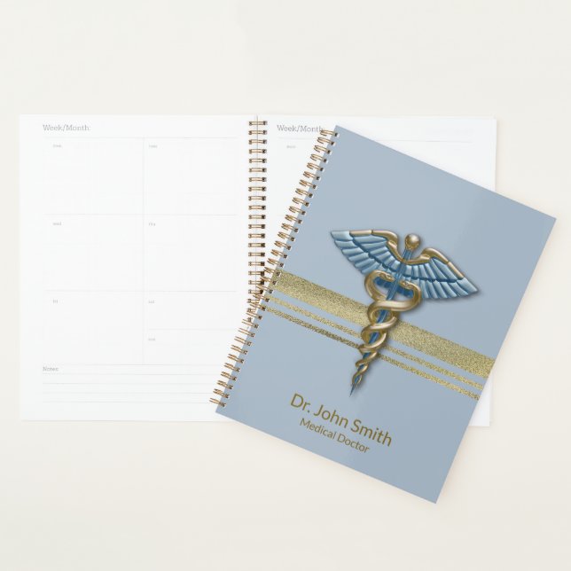 Light Blue Caduceus Faux Gold Foil Stripes Medical Planner (Display)