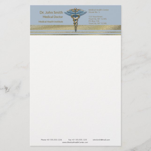 Light Blue Caduceus Faux Gold Foil Stripes Medical Stationery (Front)