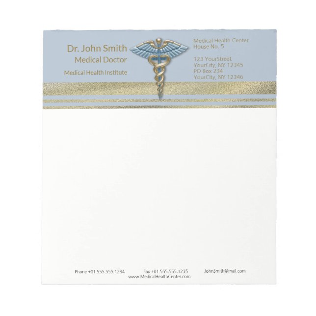Light Blue Caduceus Medical Faux Gold Foil Stripes Notepad (Front)