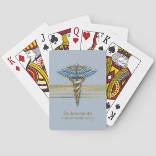 Light Blue Caduceus Medical Gold Foil Faux Stripes Playing Cards