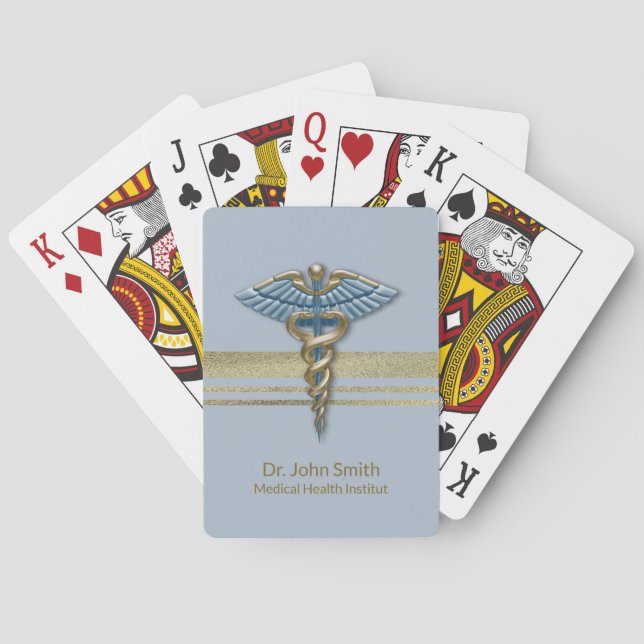 Light Blue Caduceus Medical Gold Foil Faux Stripes Playing Cards (Back)