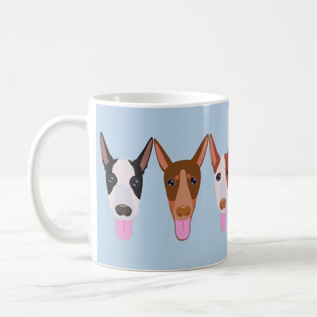 Light Blue Cartoon Podenco Dog Faces Coffee Mug (Left)