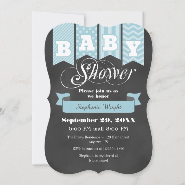 Light Blue Chalkboard Flag Baby Shower Invite (Front)