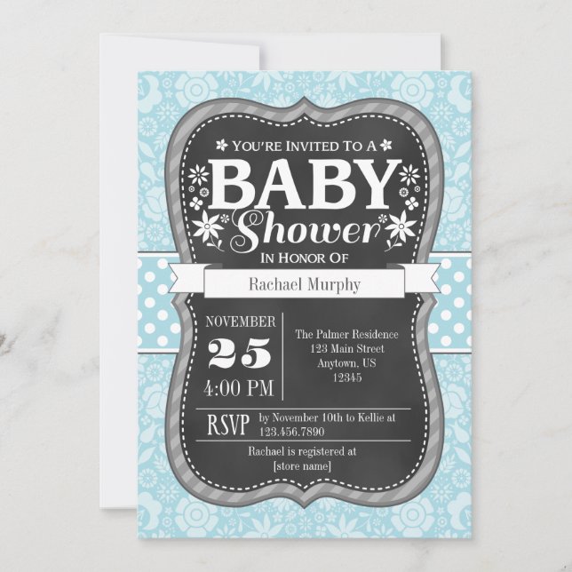 Light Blue Chalkboard Floral Baby Shower Invite (Front)