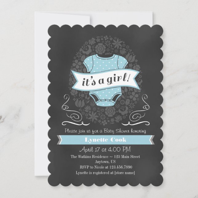 Light Blue Chalkboard Girl Baby Shower Invite (Front)