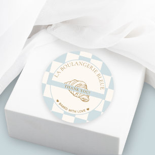 Light Blue Chequered Croissant Bakery Thank You Classic Round Sticker