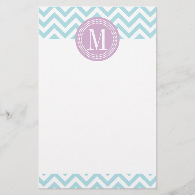 Light Blue Chevron Zigzag Personalised Monogram Stationery (Front)
