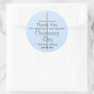 Light Blue Christening Son Thank You Classic Round Sticker
