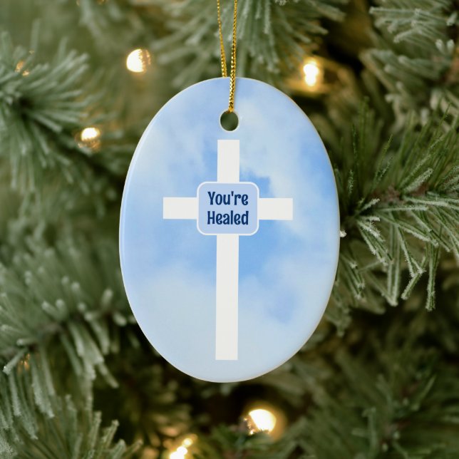 Light Blue Christian Cross Bible Verse Healing  Ceramic Tree Decoration (Tree)