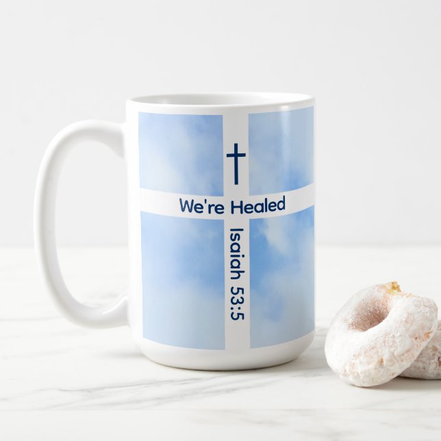 Light Blue Christian Cross Bible Verse Healing  Coffee Mug (With Donut)