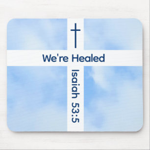 Light Blue Christian Cross Bible Verse Healing Mouse Mat