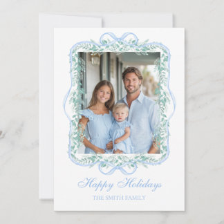 Light Blue Christmas Greenery Grandmillennial Holiday Card