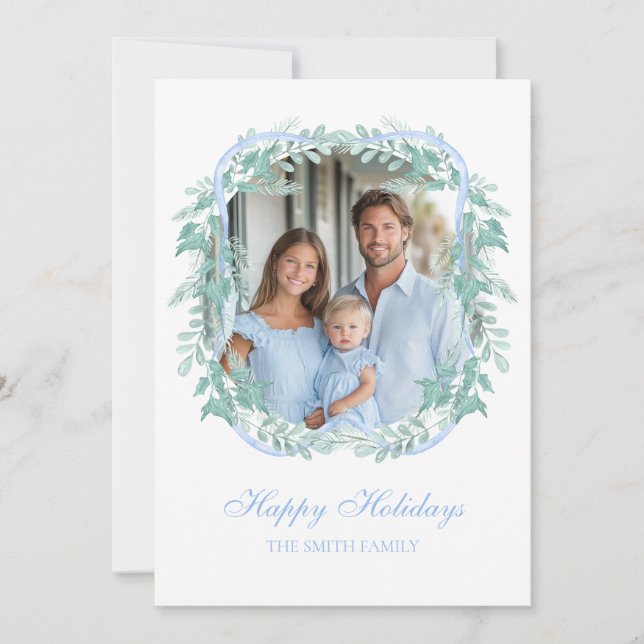 Light Blue Christmas Greenery Wreath Holiday Card (Front)