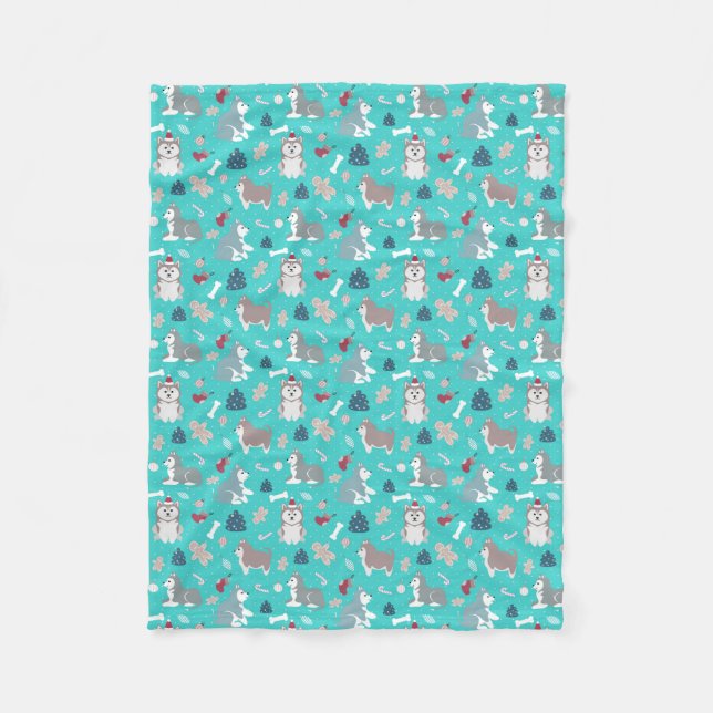 Light Blue Christmas Husky Dog Blanket (Front)