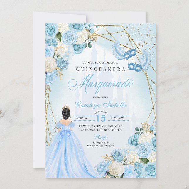 Light Blue Cinderella Masquerade Quinceanera Invitation (Front)