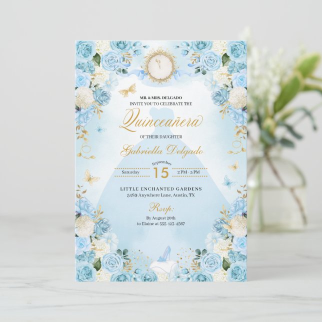 Light Blue Cinderella Princess Dress Quinceanera Invitation (Standing Front)