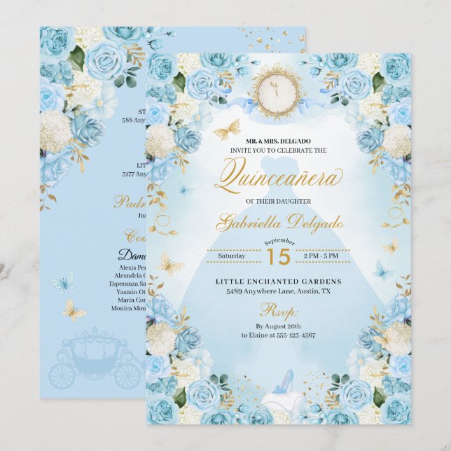 Light Blue Cinderella Princess Dress Quinceanera Invitation (Front/Back)