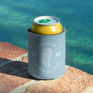 Light Blue Coastal Oyster Monogram Wedding Favour Can Cooler
