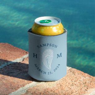 Light Blue Coastal Oyster Monogram Wedding Favour Can Cooler