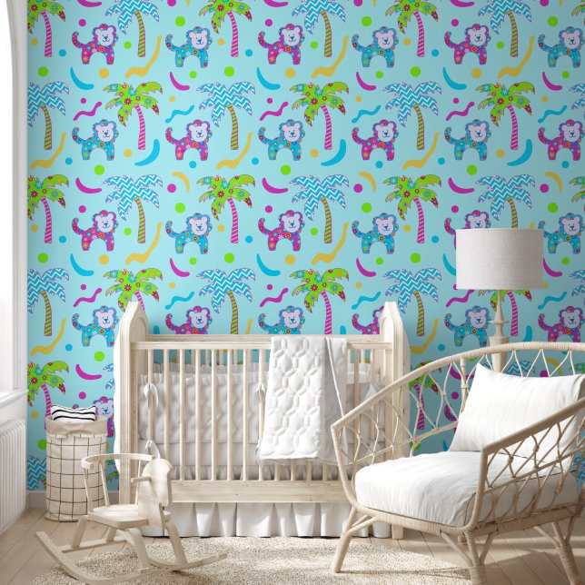 Light Blue Colourful Lions In The Jungle Pattern Wallpaper (Kids)