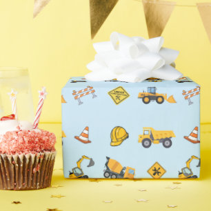 Light Blue Construction Birthday Wrapping Paper