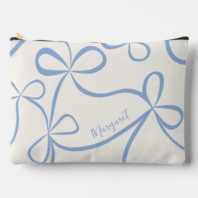 Light Blue Coquette Bow Pattern Custom Name Accessory Pouch (Front)