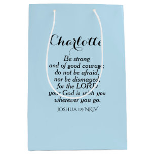 Light Blue Courage Bible Verse Custom Name Simple Medium Gift Bag
