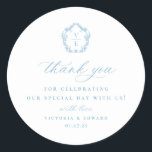 Light Blue Crest Monogram Wedding Thank You Classic Round Sticker<br><div class="desc">Vintage Light Sky Blue Monogram Crest,  wedding favour thank you sticker.</div>