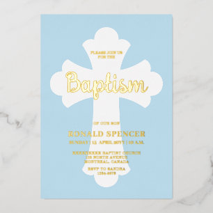Light Blue Cross Baptism invitation Gold