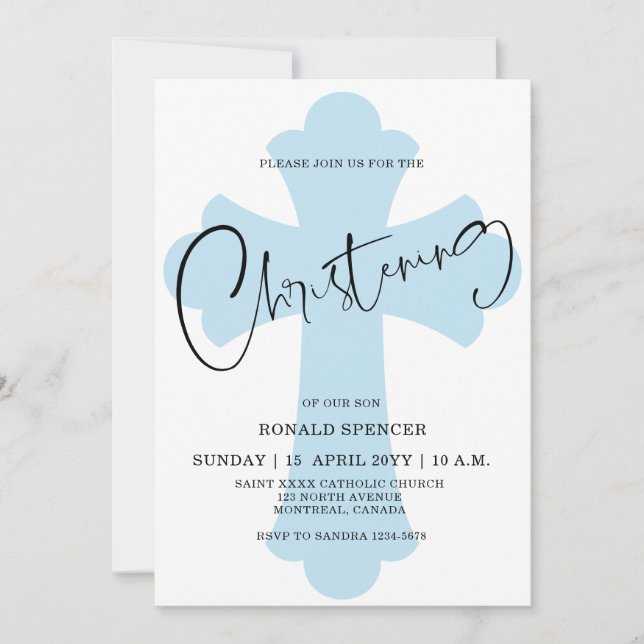 Light Blue Cross Christening invitation (Front)