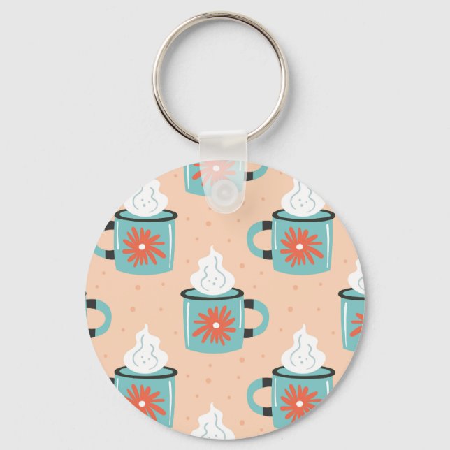 Light Blue Cup Seamless Pattern. Key Ring (Front)