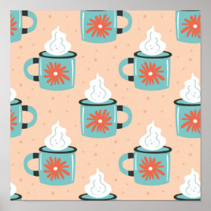 Light blue cup with steam seamless pattern, textur poster