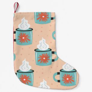 Light blue cup with steam seamless pattern, textur small christmas stocking