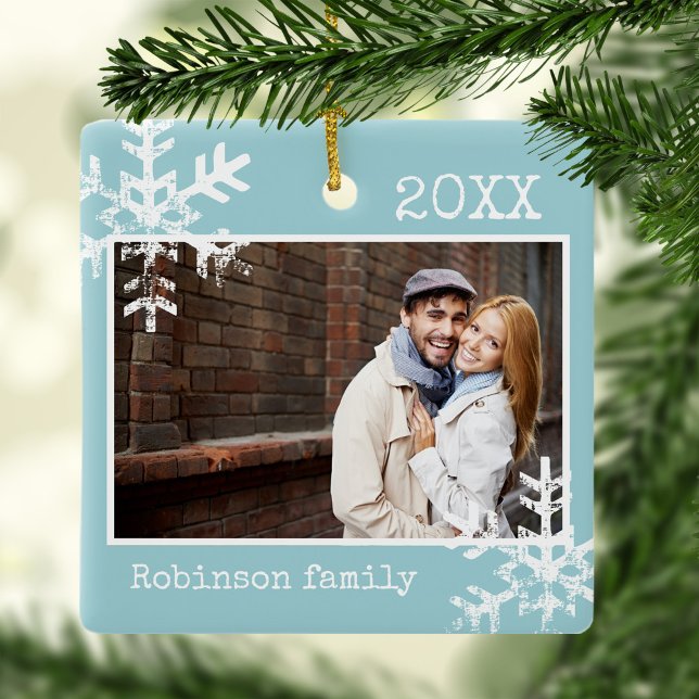 Light Blue Custom Photo Ornament with Snowflakes (Rustic Snowflake holiday Christmas design that can be personalized and makes a perfect keepsake.)