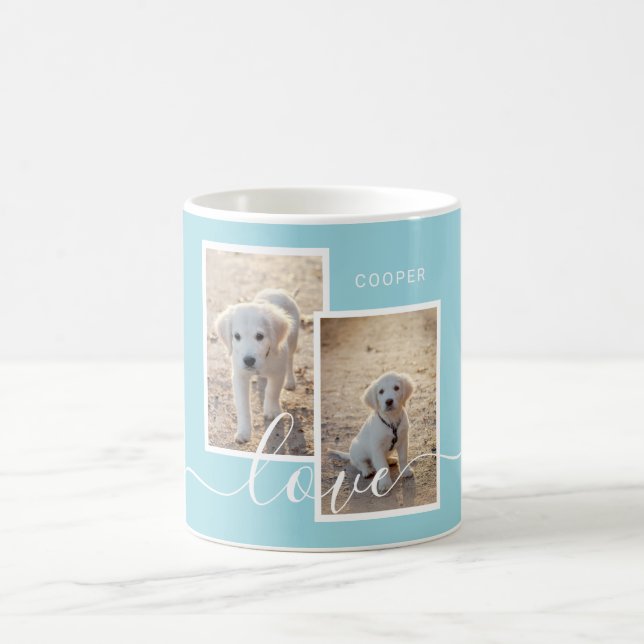 Light Blue Custom Photos With Name & Love Text Coffee Mug (Center)