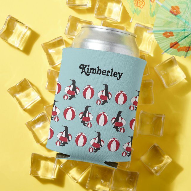 Light Blue Cute Cartoon Swimming Penguin Kids Name Can Cooler (In Situ Summer)