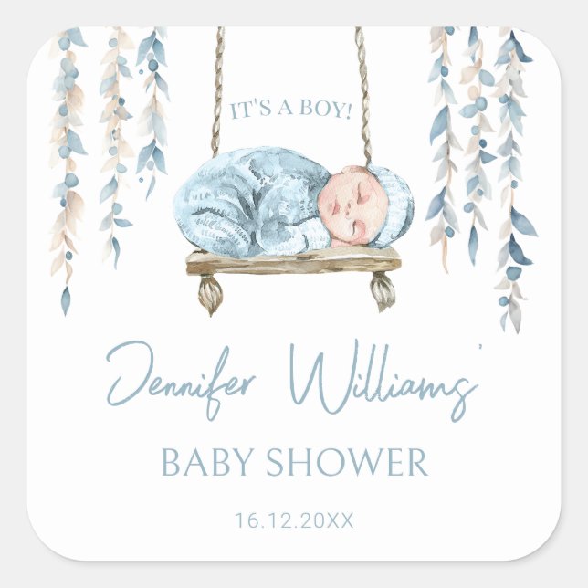 Light blue cute floral baby boy shower stickers (Front)