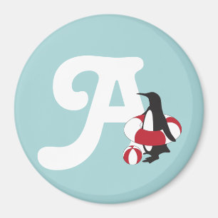 Light Blue Cute Penguin Swimming Kids Monogram Magnet