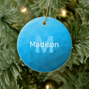 Light blue cyan geometric mesh pattern Monogram Ceramic Tree Decoration