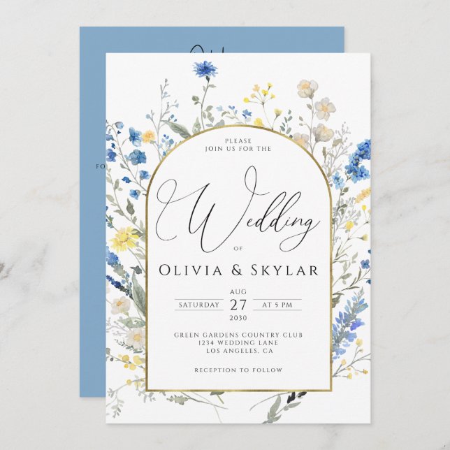 Light Blue Dainty Flowers QR Code All In 1 Wedding Invitation (Front/Back)