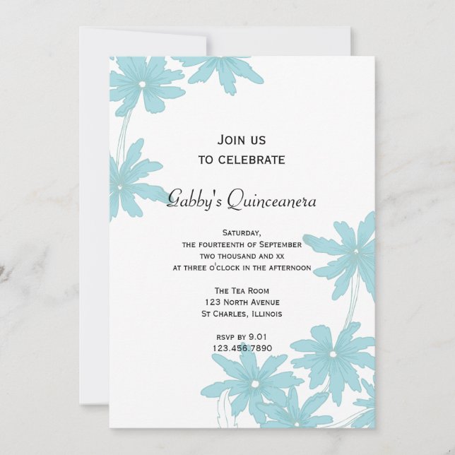 Light Blue Daisies Quinceanera Party Invitation (Front)