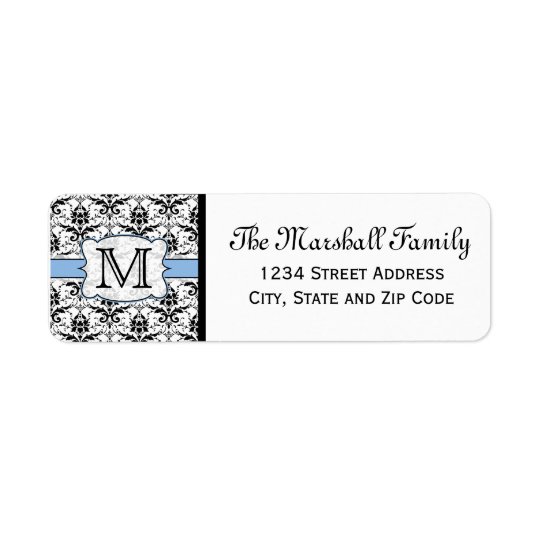 Light Blue Damask Monogram Return Address Labels
